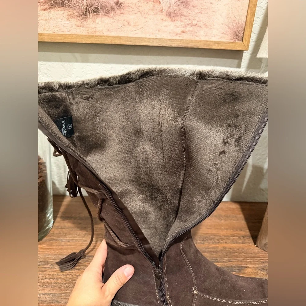 BUCCO CAPENSIS Noeles Brown SIDE ZIP KNEE HIGH BOOTS FAUX FUR TRIM Sz  10